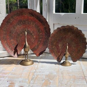 Vintage MCM Brass Hand Etched Dancing Peacock Birds Figurines Statue Isreal Boho